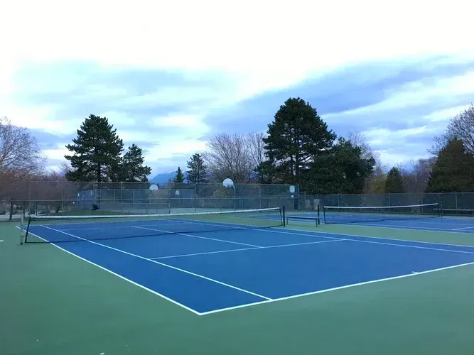 A tennis court with blue and green lines