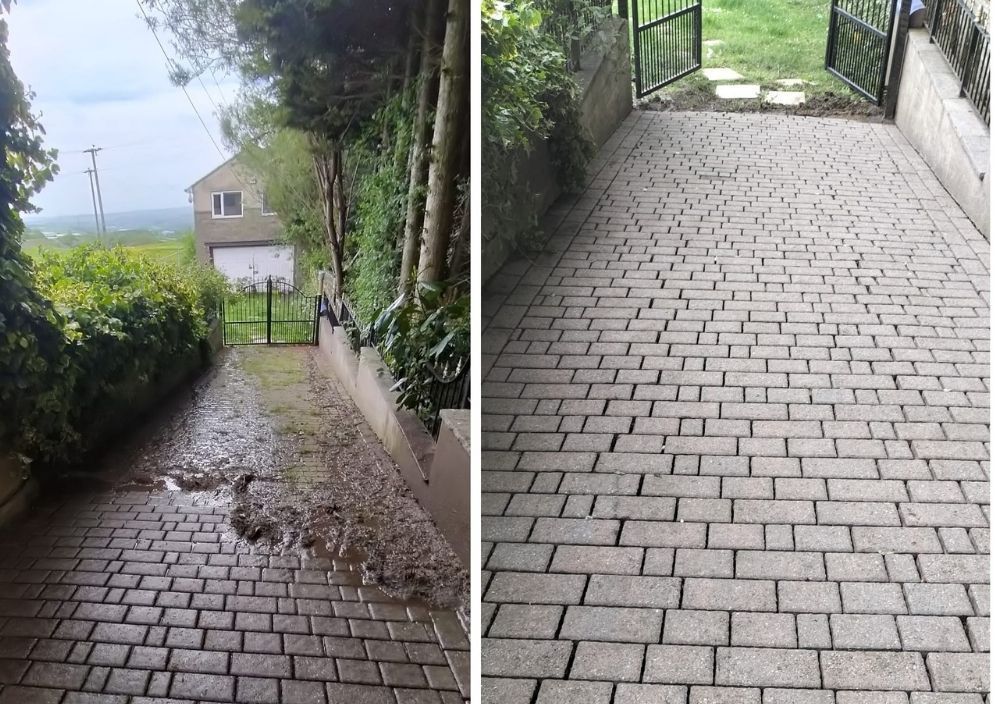 Jimmy's External Cleaning Services before and after cleaning a cobbled imprinted concrete driveway in Bradford