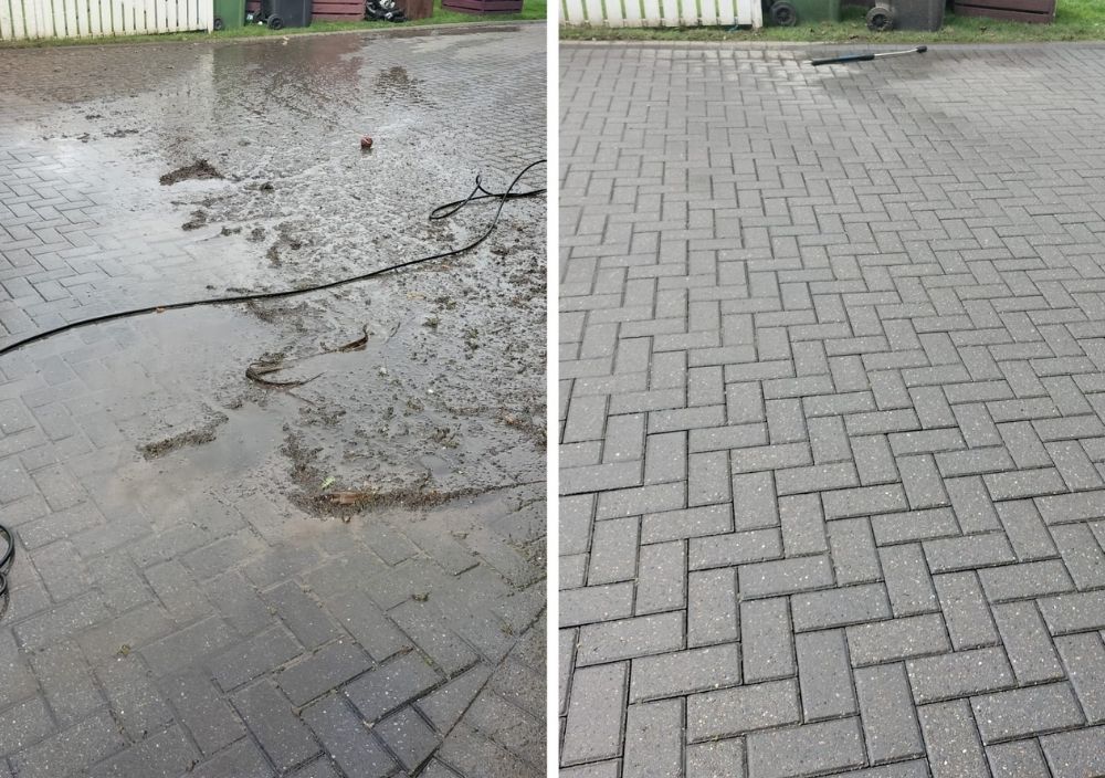 Jimmy's External Cleaning Services before and after cleaning a block paving driveway in Bradford