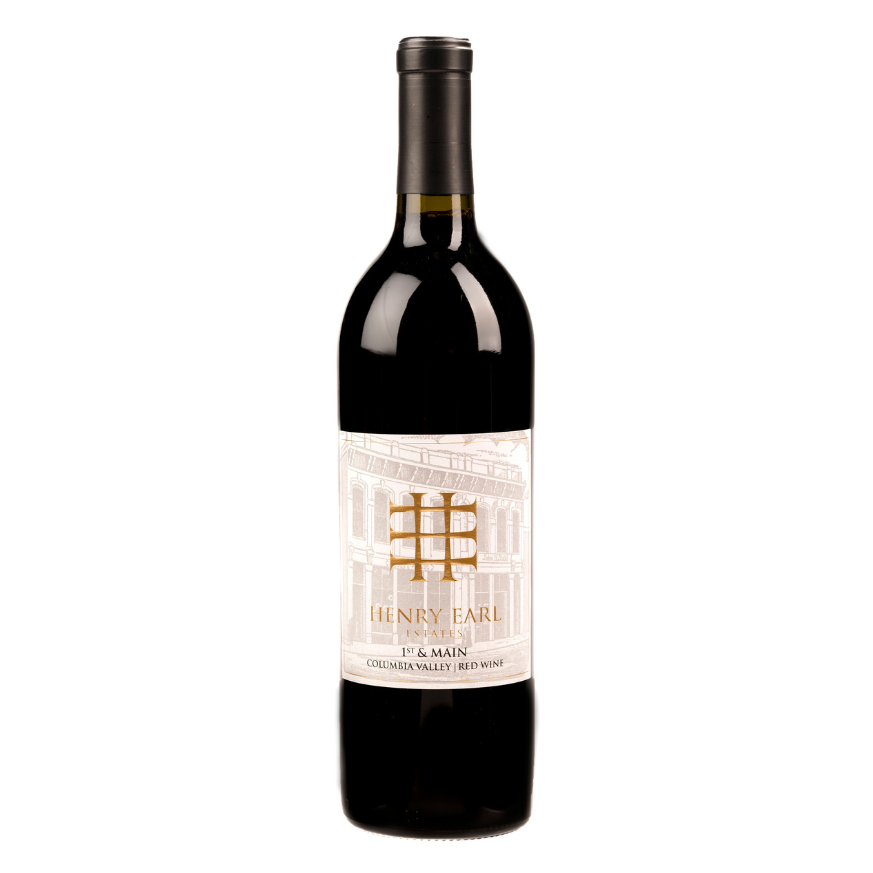 A bottle of red wine with a white label on a white background.