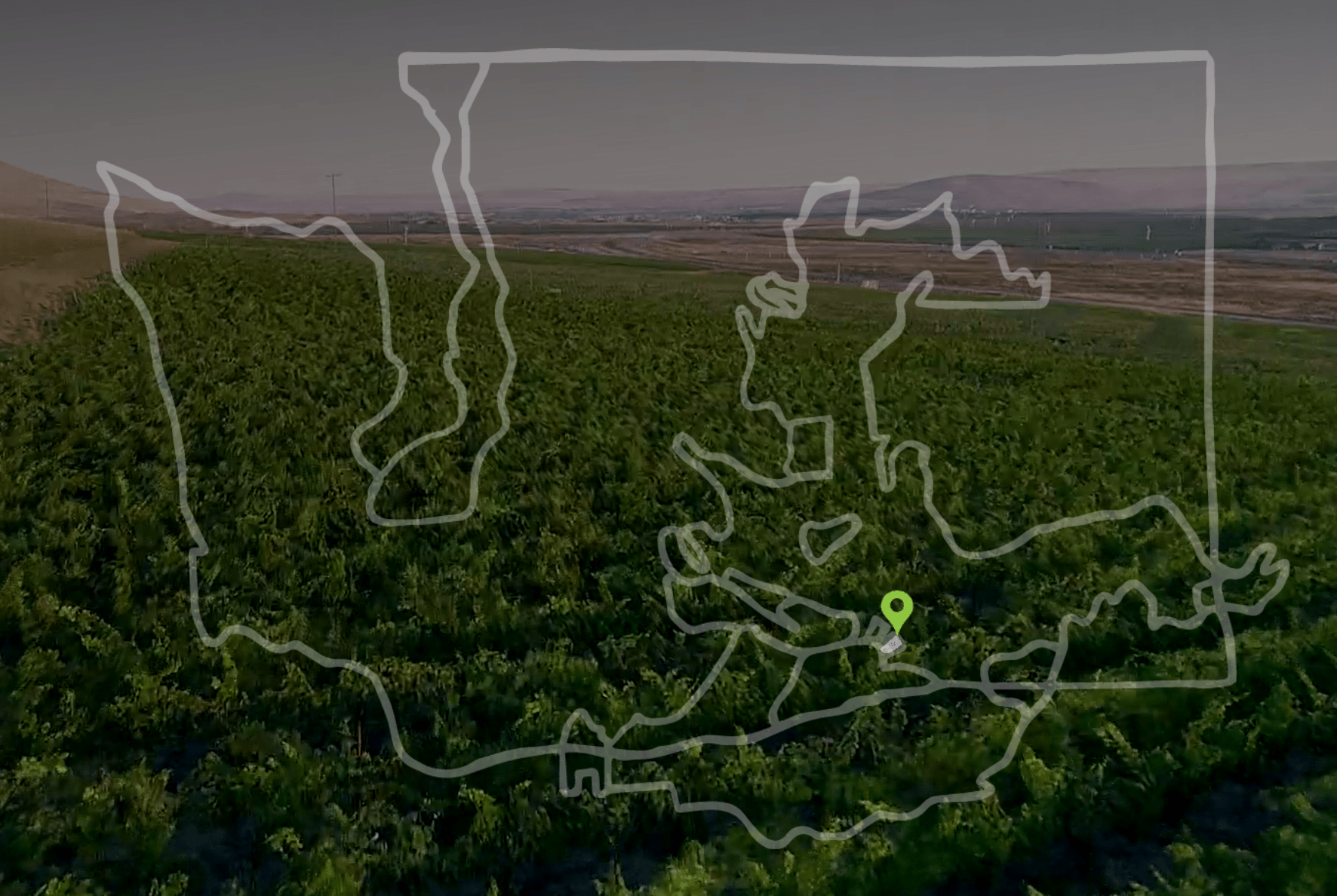 An aerial view of a vineyard with a map of the united states drawn on it.