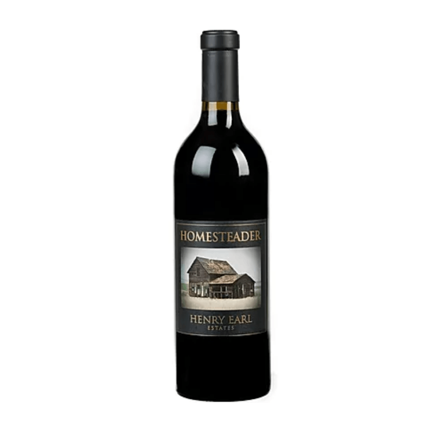 A bottle of henry earl red wine with a barn on the label.