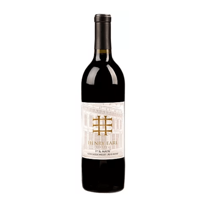 A bottle of red wine with a white label on a white background.