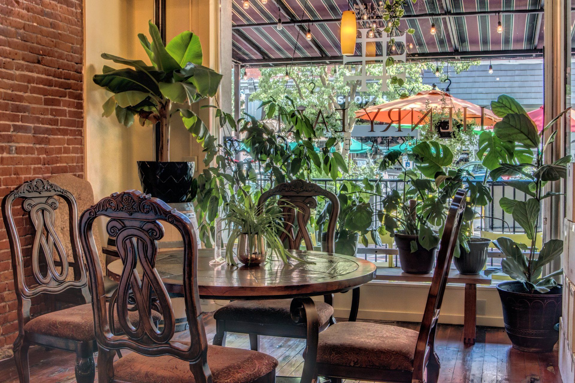 A dining room with a table and chairs and potted plants in front of a window.