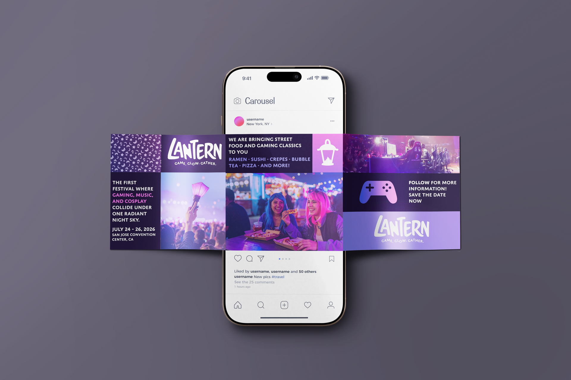 Mockup of a smartphone centered on purple gaming graphics and a neon “LANERN” banner site