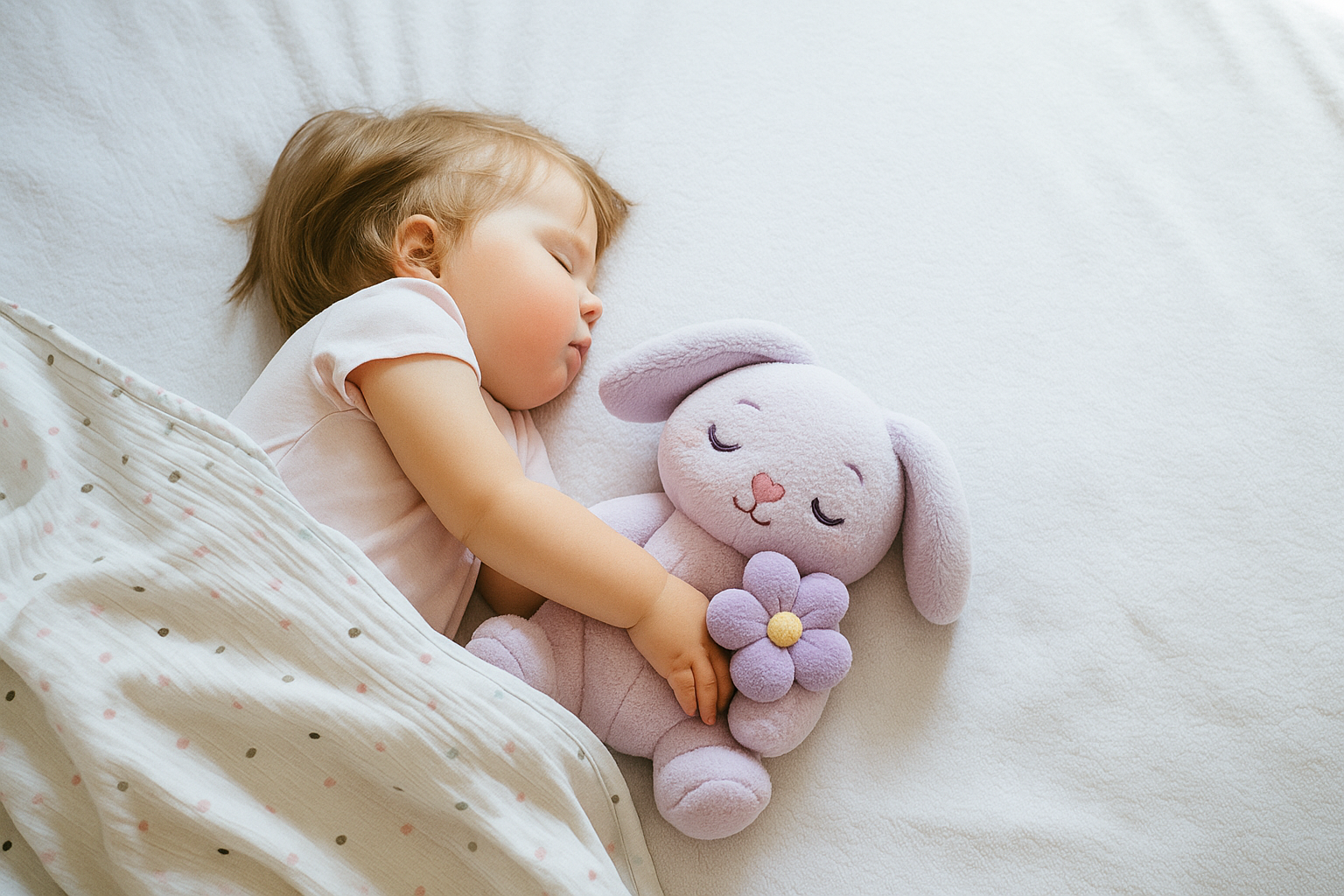 Sleeping child cuddling a purple stuffed bunny on a white bed