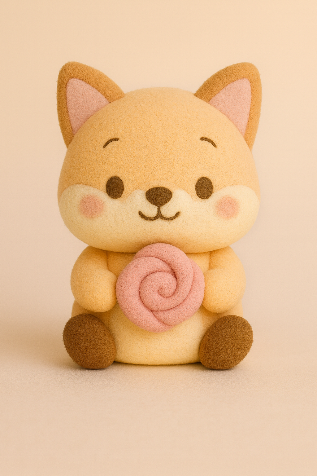 Cute tan cat figurine holding a pink rose cookie, sitting against a soft beige background