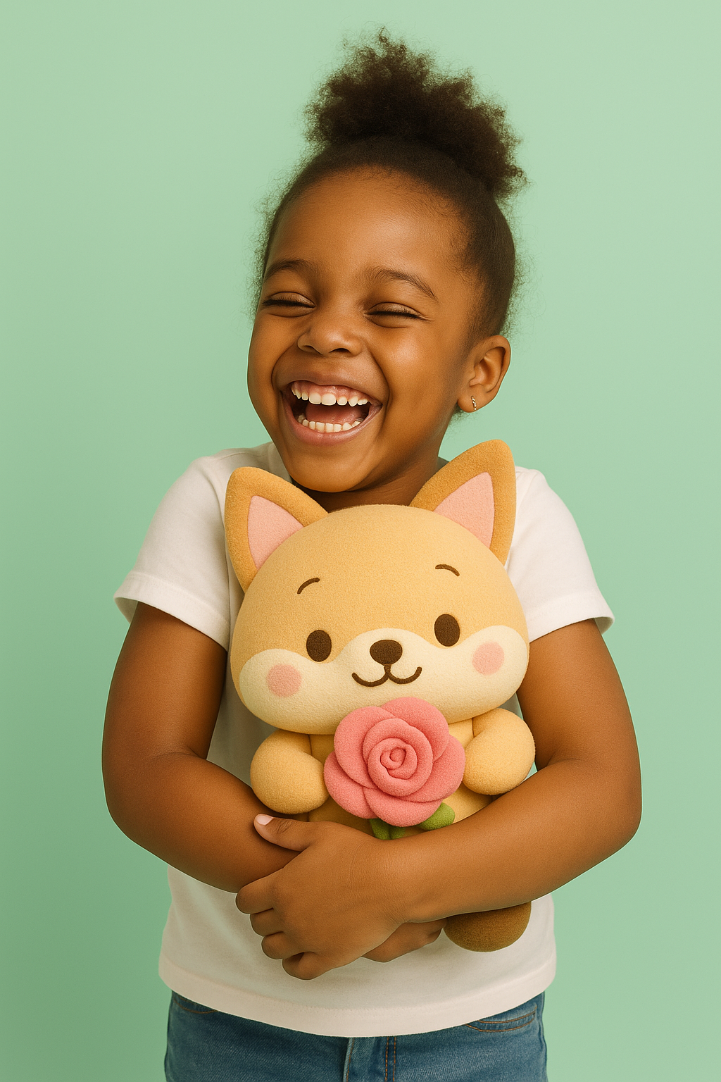 Smiling child hugging a plush cat with a pink rose, standing against a pastel green background