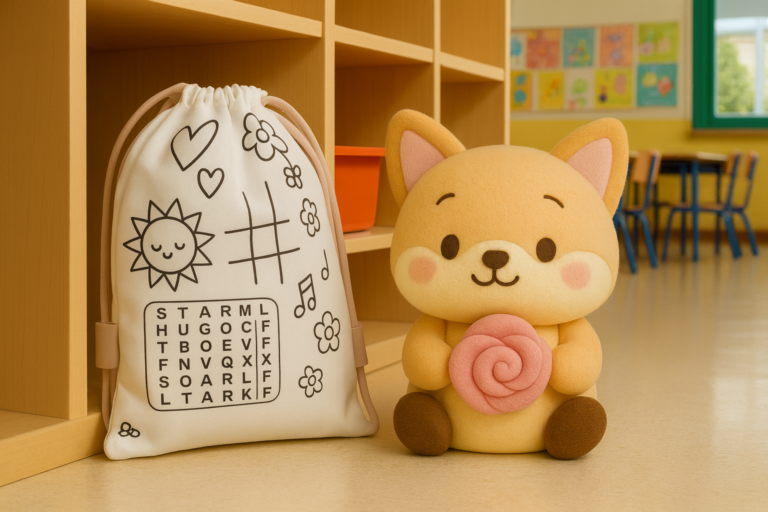 Cute plush cat beside a doodled paper bag in a classroom play area