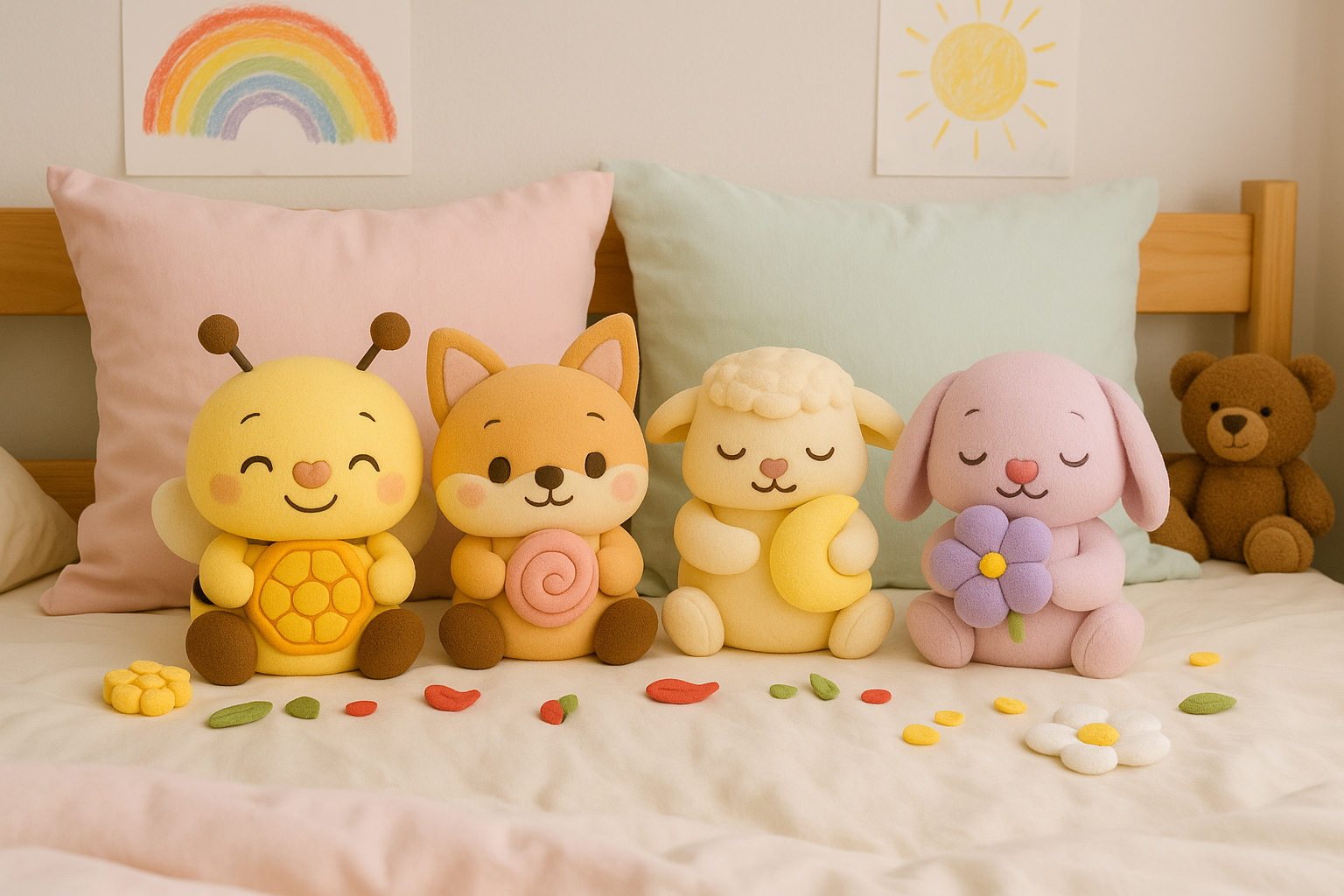Cute plush animal toys lined up on a bed beneath rainbow and sun drawings