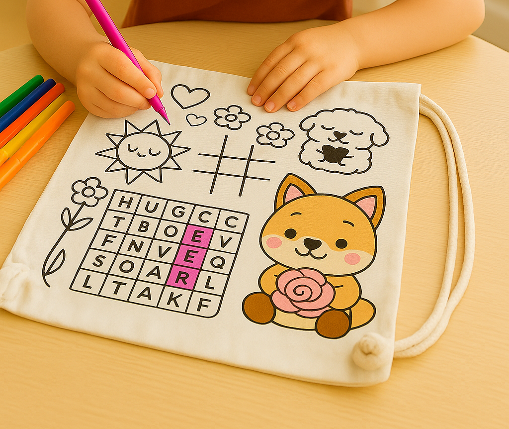 Child drawing on a tote bag with cute doodles, a word puzzle, and colorful pencils on a desk