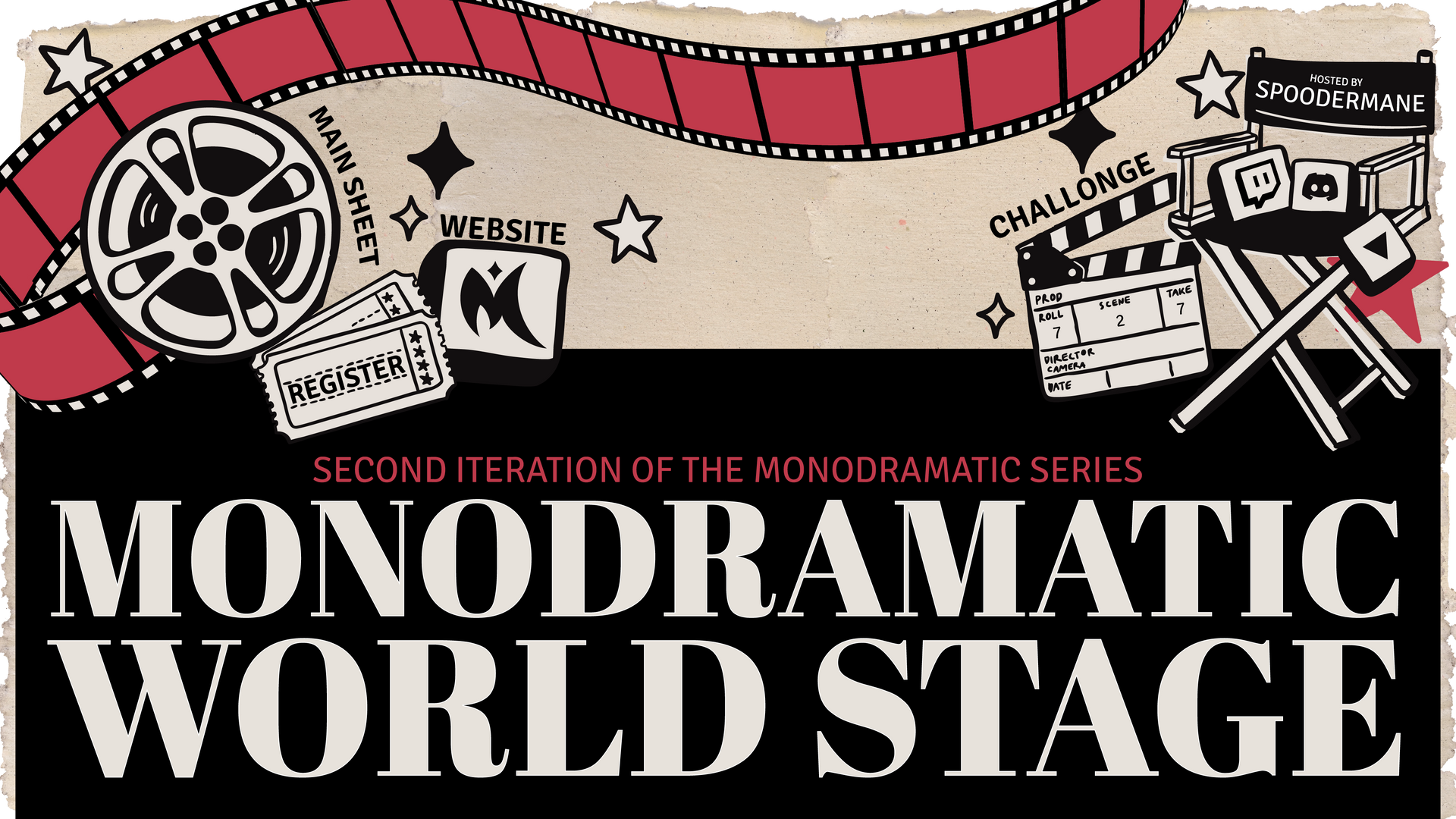 Poster with film reel and clapperboard icons on a pink filmstrip, titled “Monodramatic World Stage”