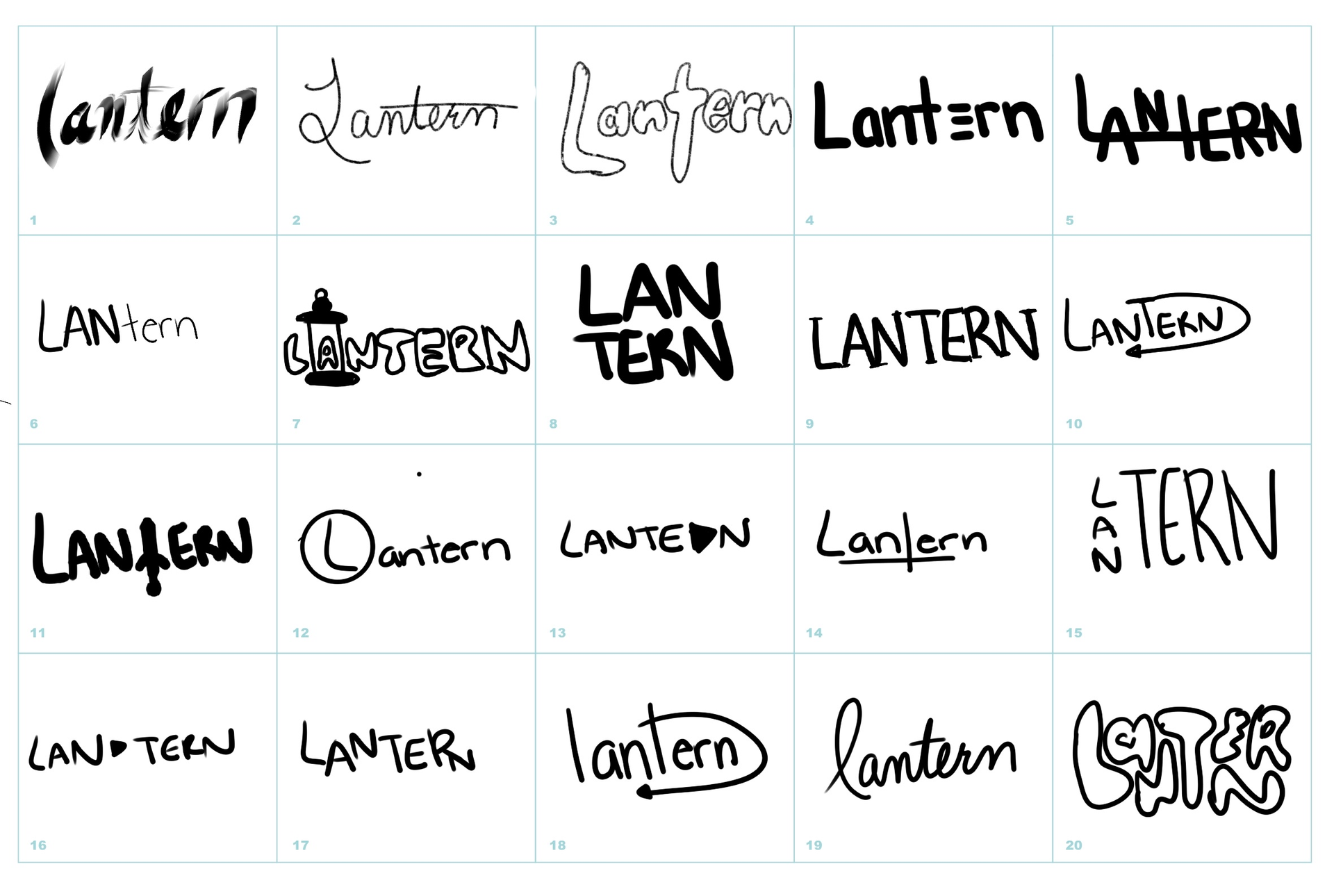 Grid of handwritten “Lantern” variations in black ink on white paper, showing different fonts and styles