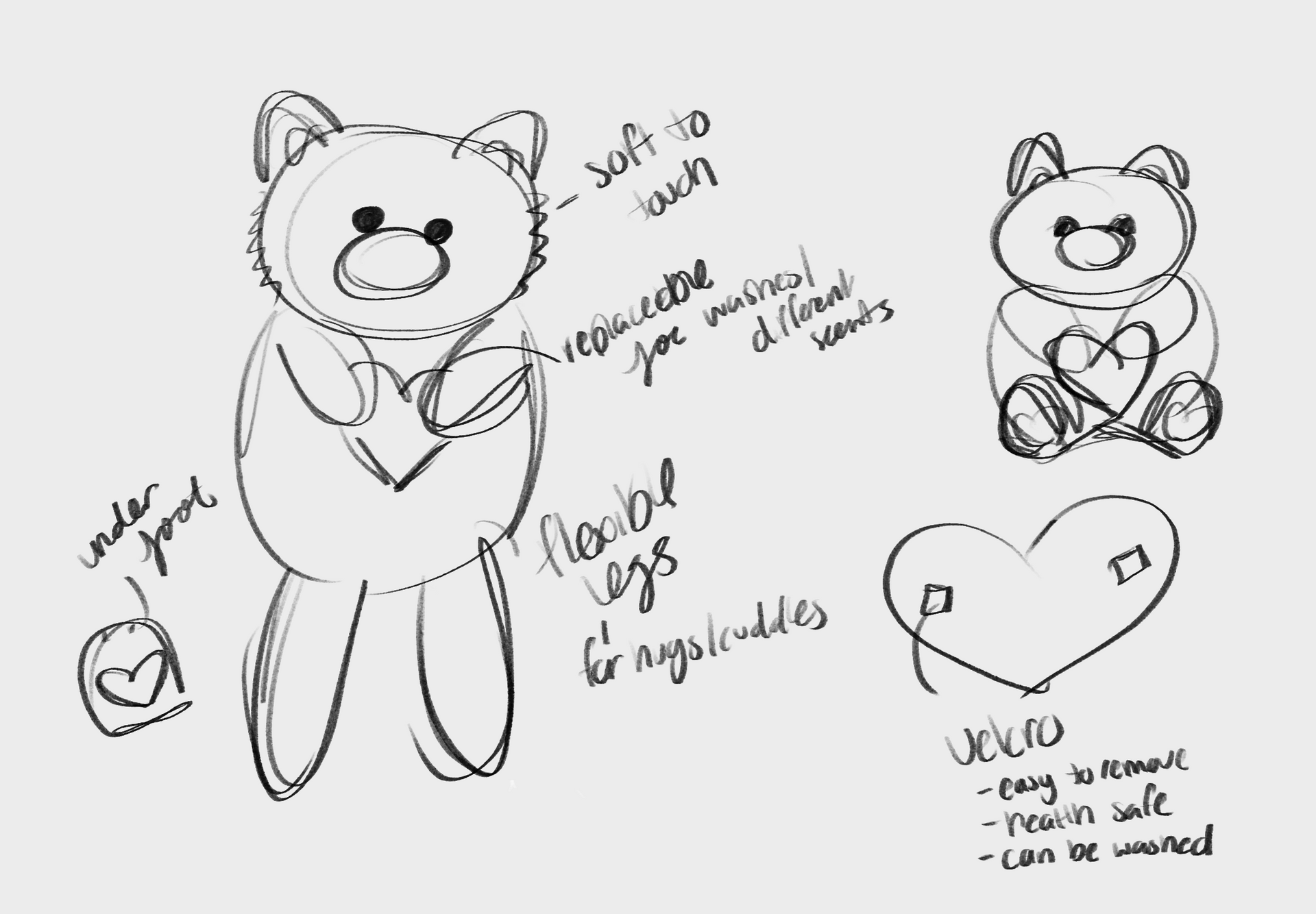 Sketches of a plush teddy bear and small cat with notes and heart doodles on a white page