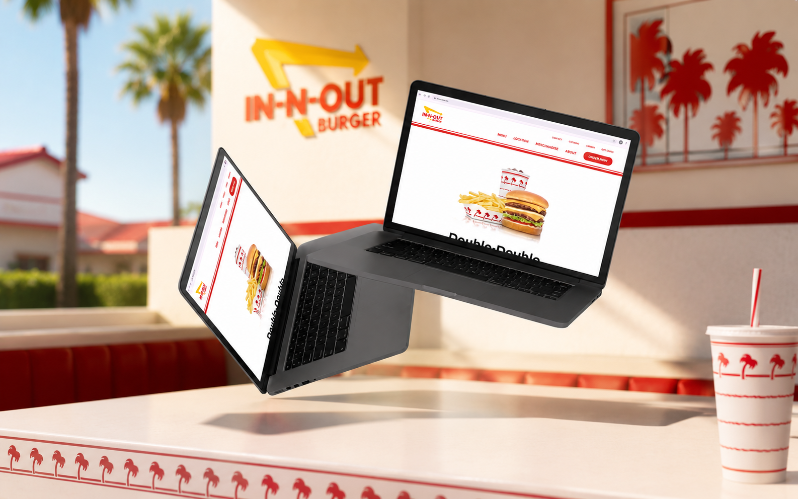 Two floating laptops displaying In-N-Out Burger in a bright restaurant setting