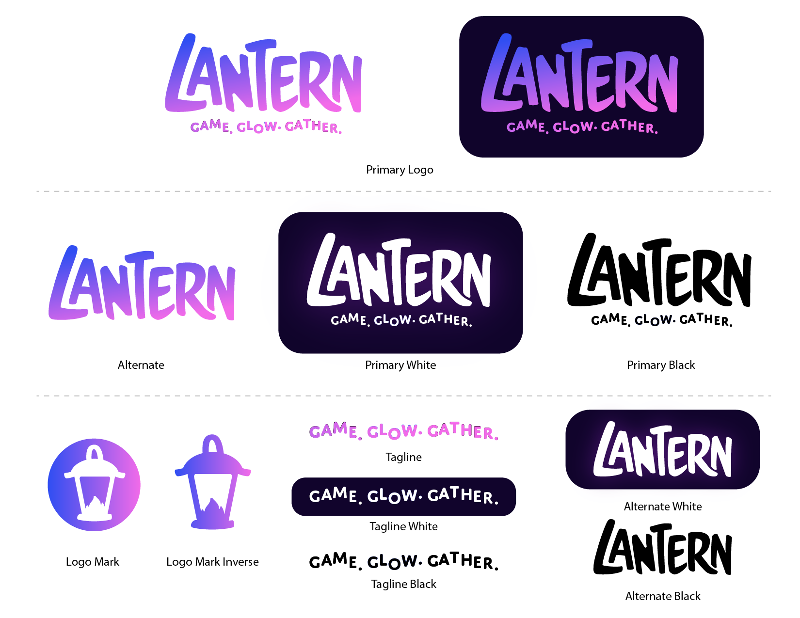 Logo design sheet for “LANTERN” in purple, black, and white with several typography variations and icons