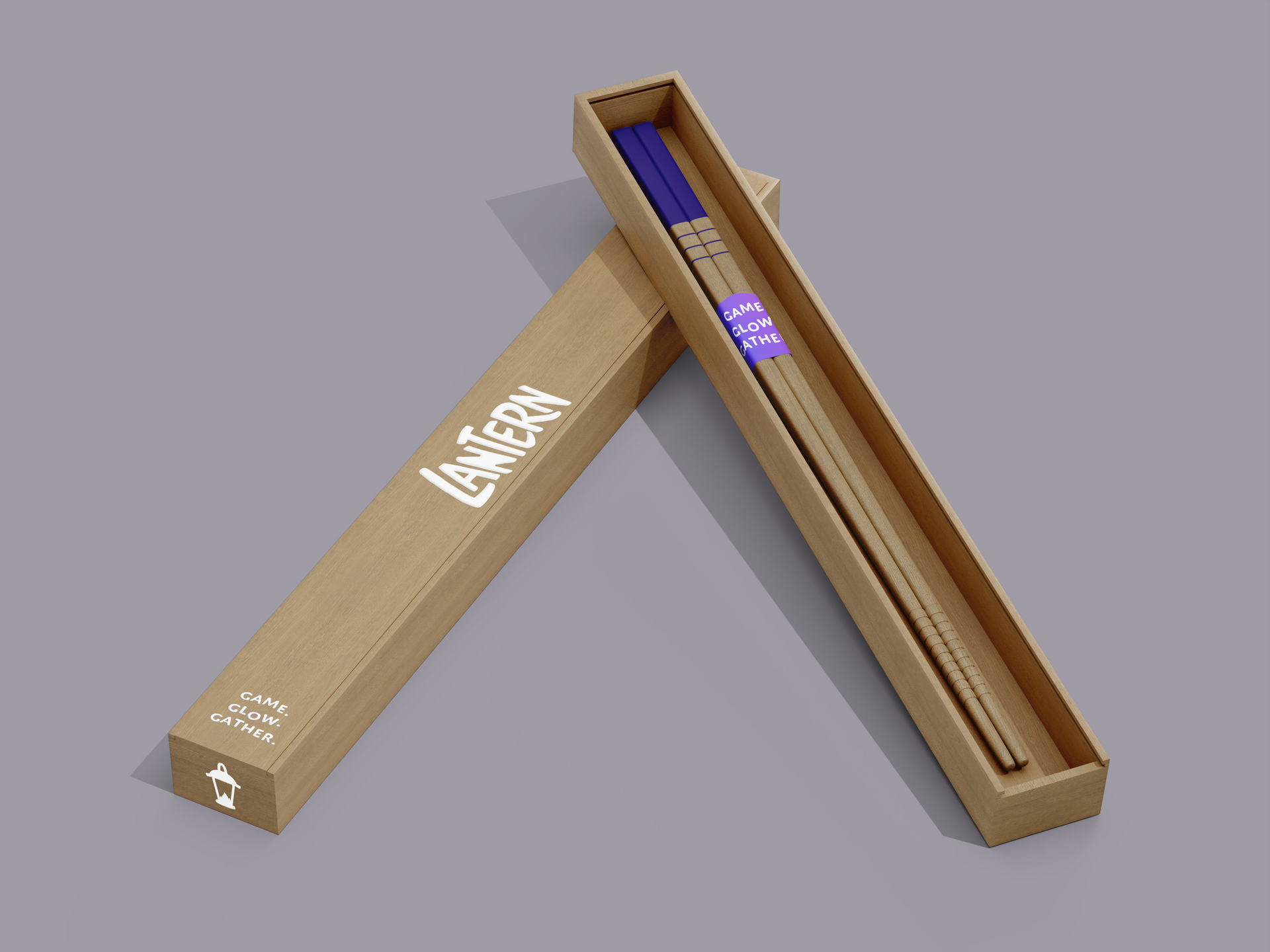 Two cardboard pencil boxes, one open showing blue pencils and one closed, on a gray background