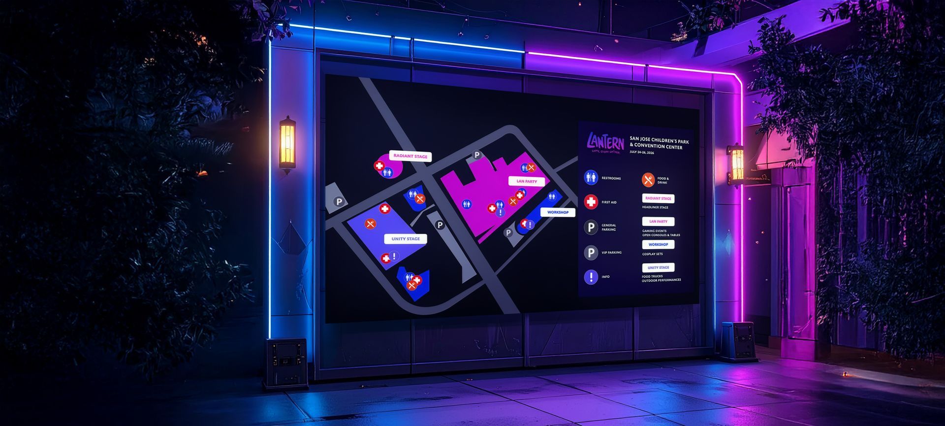 Neon-lit digital storefront with a large screen displaying a colorful UI in a futuristic city setting