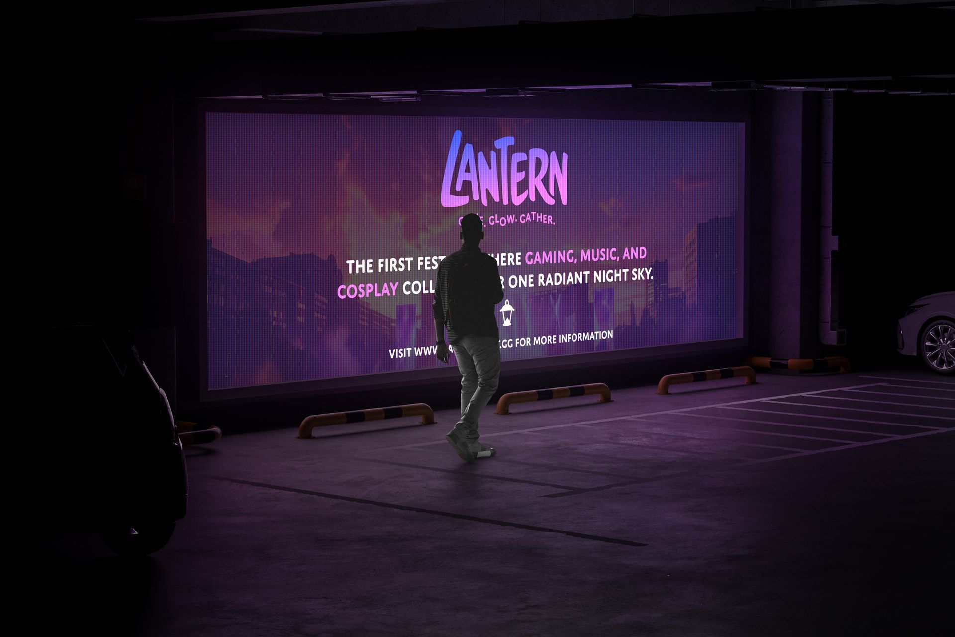 Person on a dim purple-lit stage in front of a large “Lantern” presentation screen