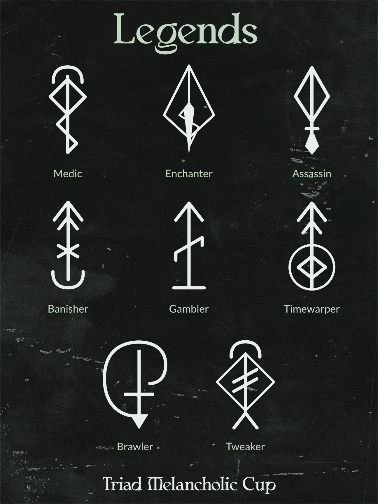 Poster of black-and-white game legends symbols labeled Medic, Enchanter, Assassin, Bar due, Gambler, Timewarper, Brawler, Troubadour and title “Triad Cup”