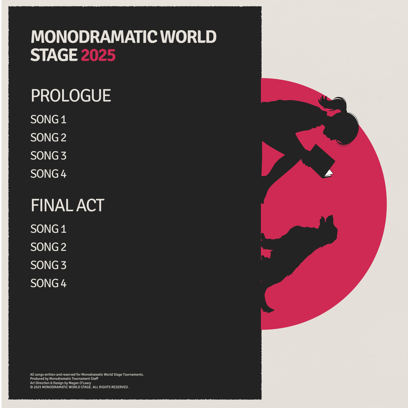 Monodramatic World Stage 2025 poster with act list and magenta silhouette on a black background