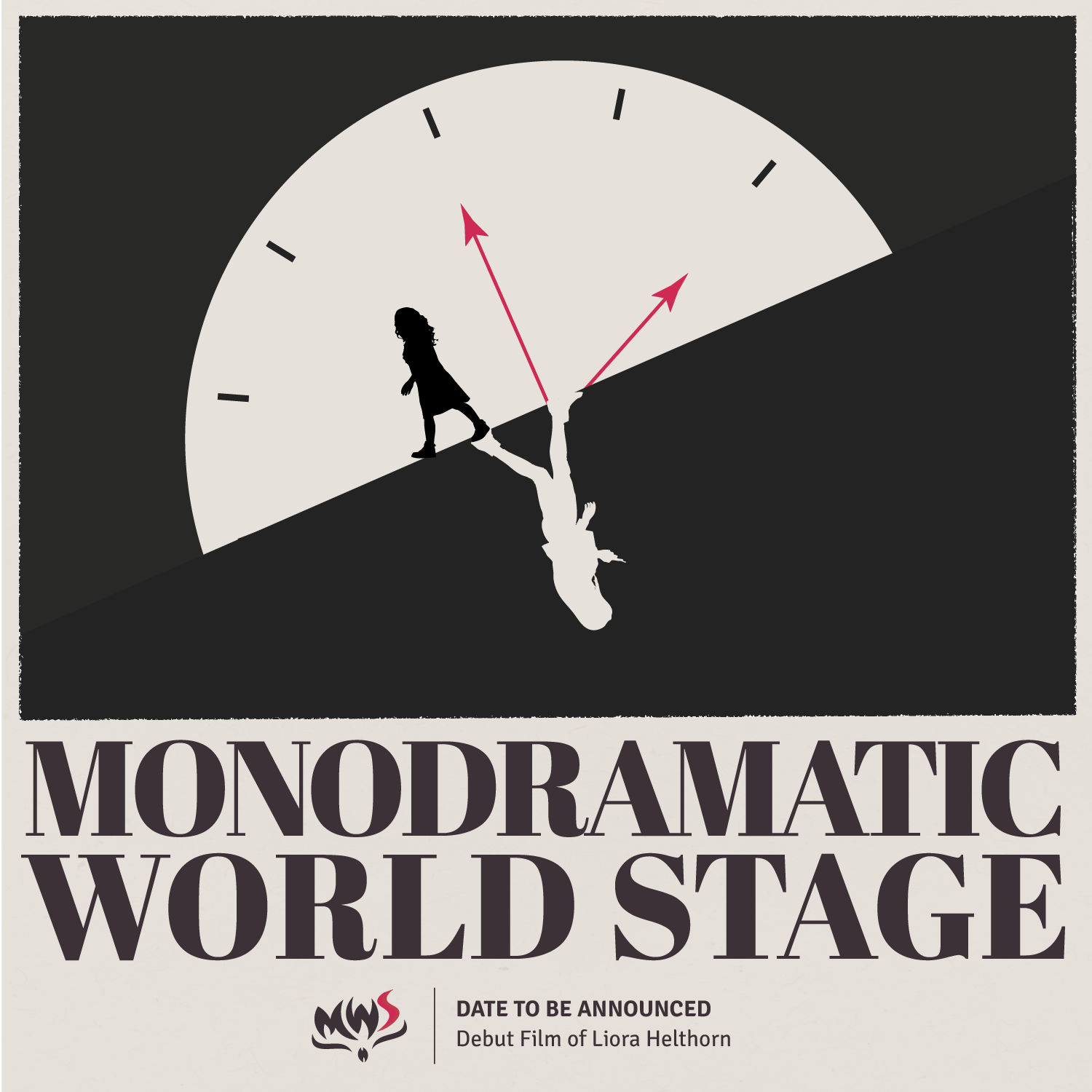 Poster reading “MONODRAMATIC WORLD STAGE” with a black-and-white silhouette on a spotlight dial.