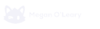 Light purple fox logo with the name “Megan O’Leary” in pale text on a white background