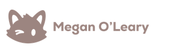 Megan O&rsquo;Leary logo with a stylized gray cat icon on a white background