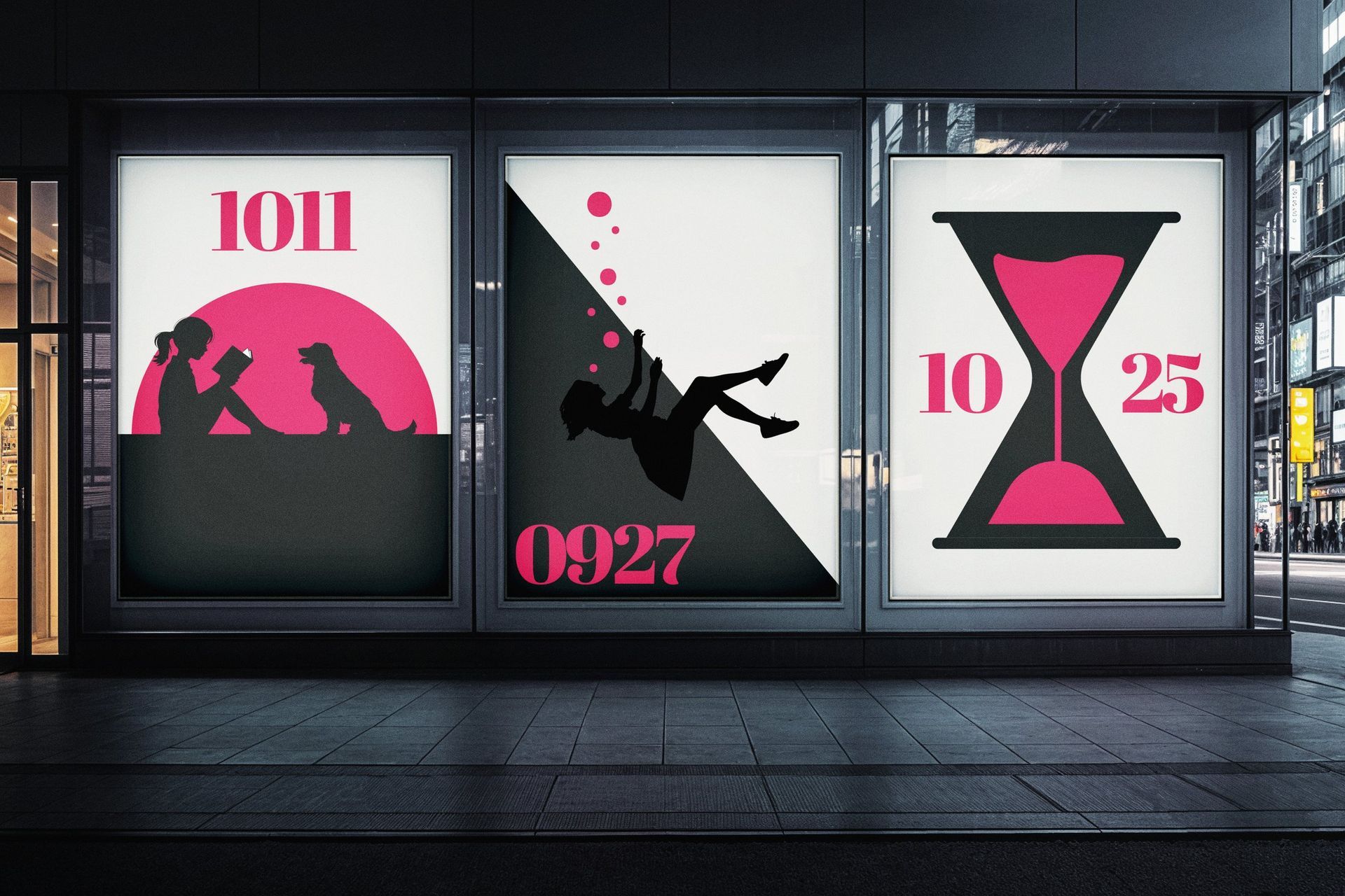 Three poster ads in a storefront window: pink silhouettes and numbers, a falling figure, and a pink hourglass.