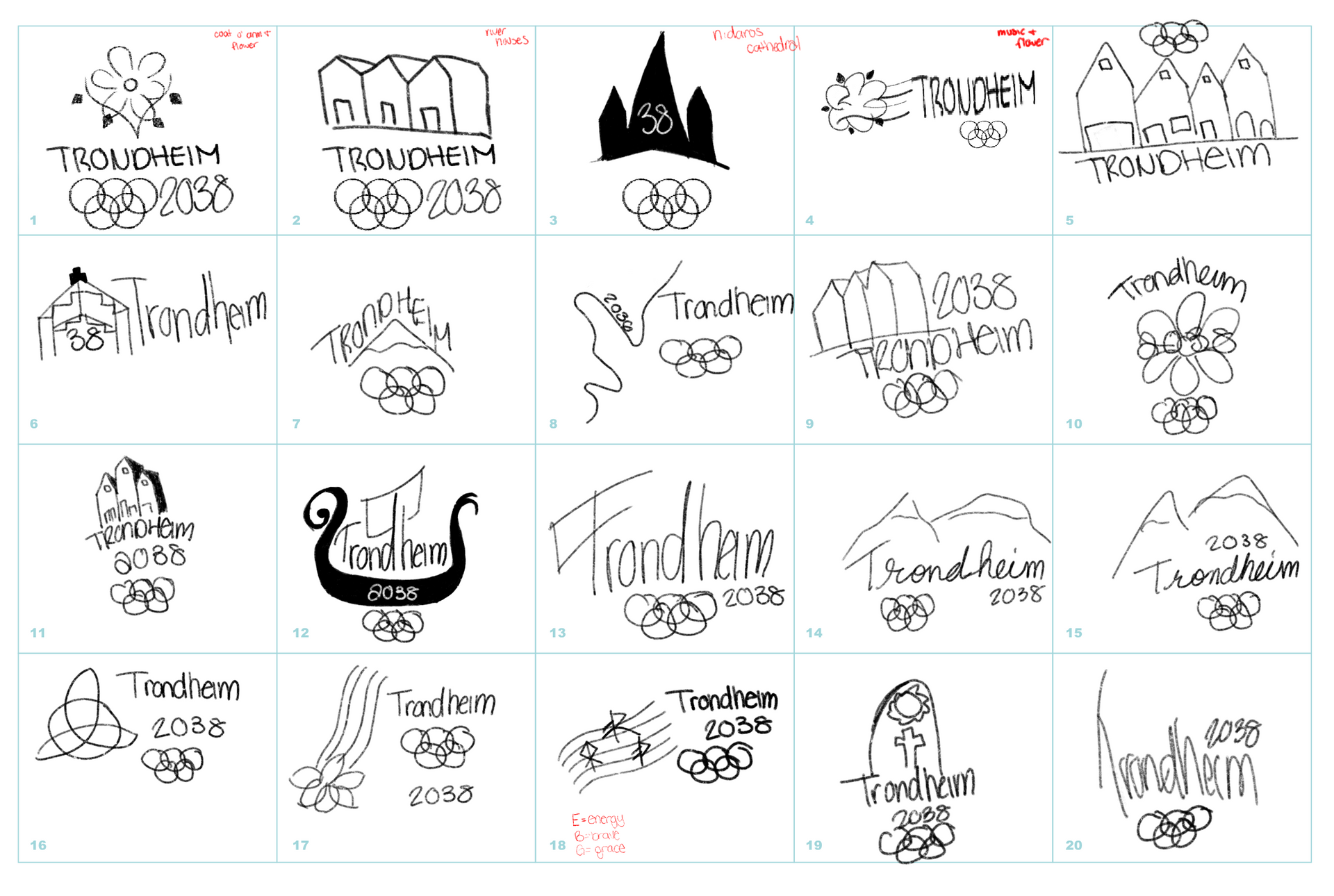 Grid of black-and-white hand-drawn logo sketches and doodles in multiple boxes