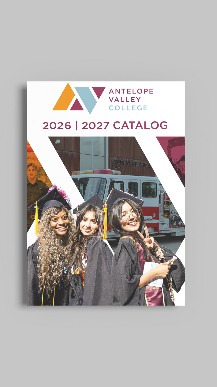 Antelope Valley College 2026–2027 catalog cover with graduates in caps and gowns in front of a campus building