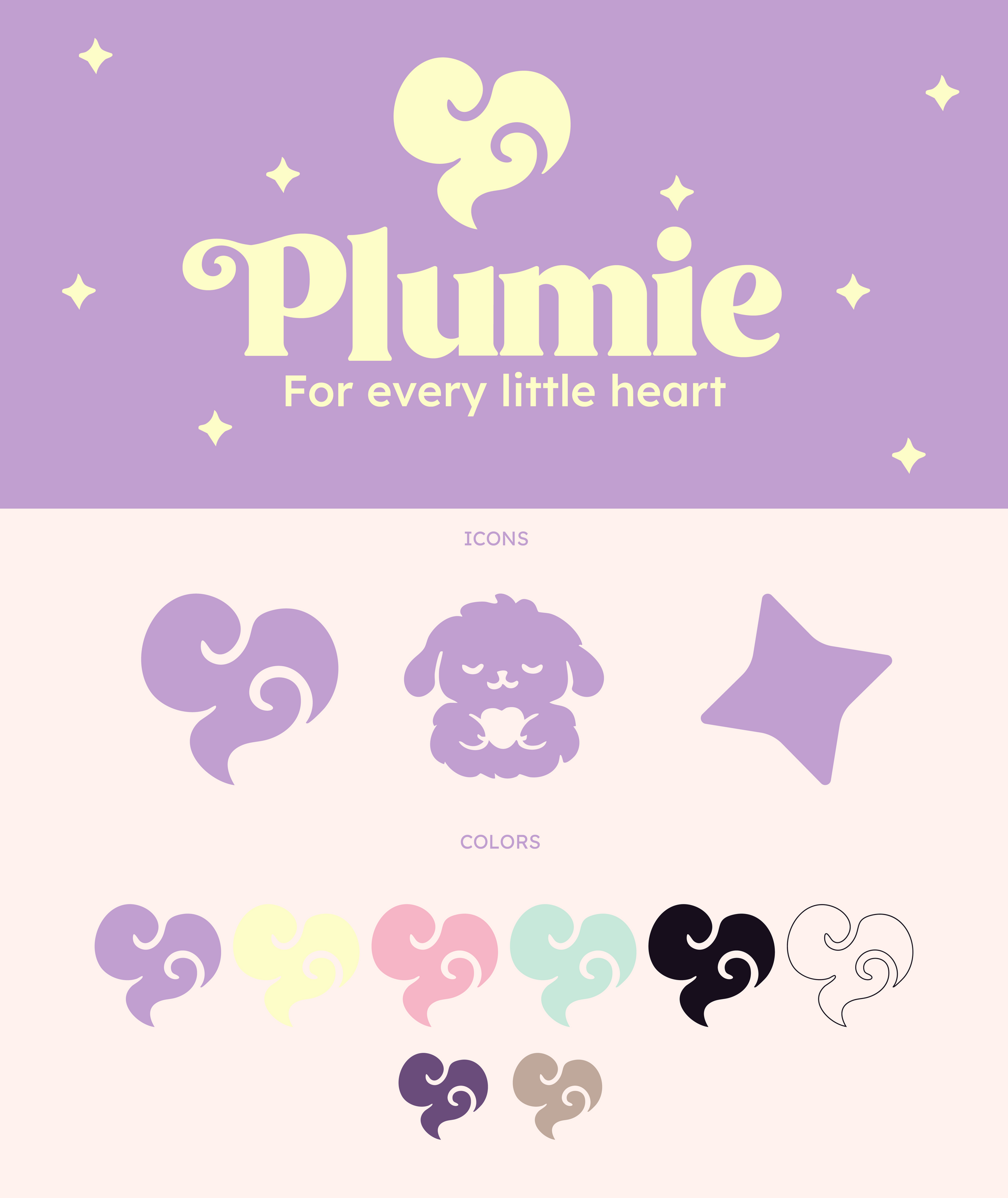 Plumie brand logo on lavender background with pastel heart and flower icons, “For every little heart” tagline