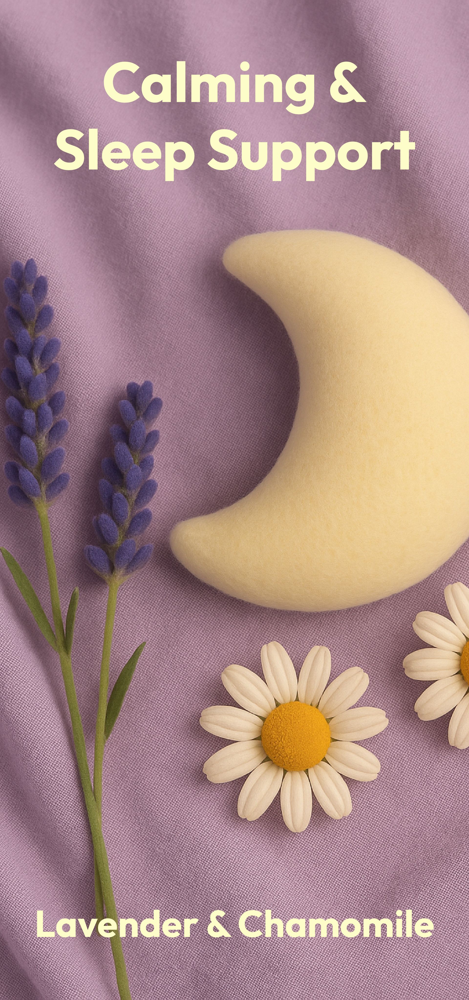 Calming sleep support with lavender and chamomile on a purple background, featuring a crescent moon and flowers