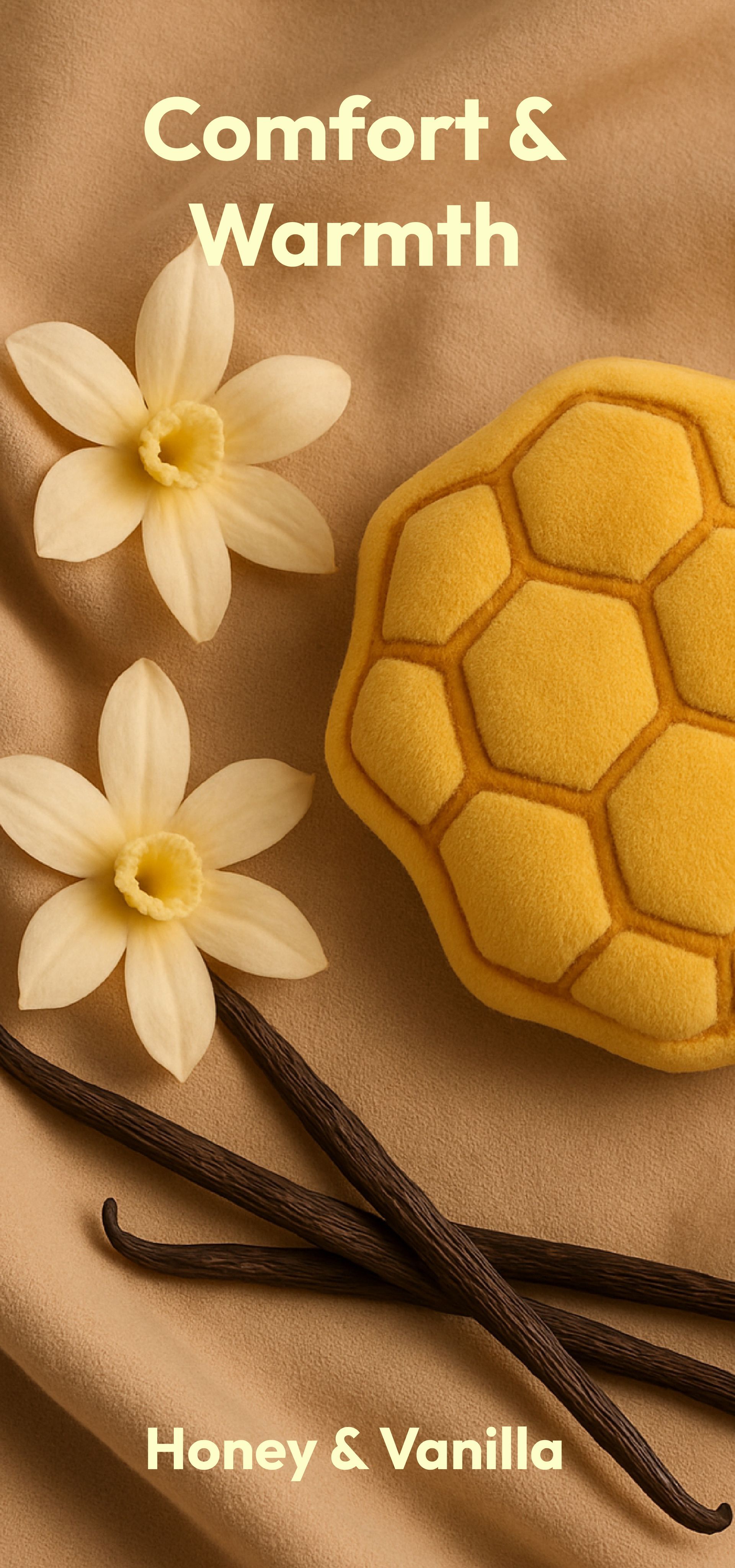 Honey and vanilla candles with flowers on a warm tan background, labeled “Comfort & Warmth”