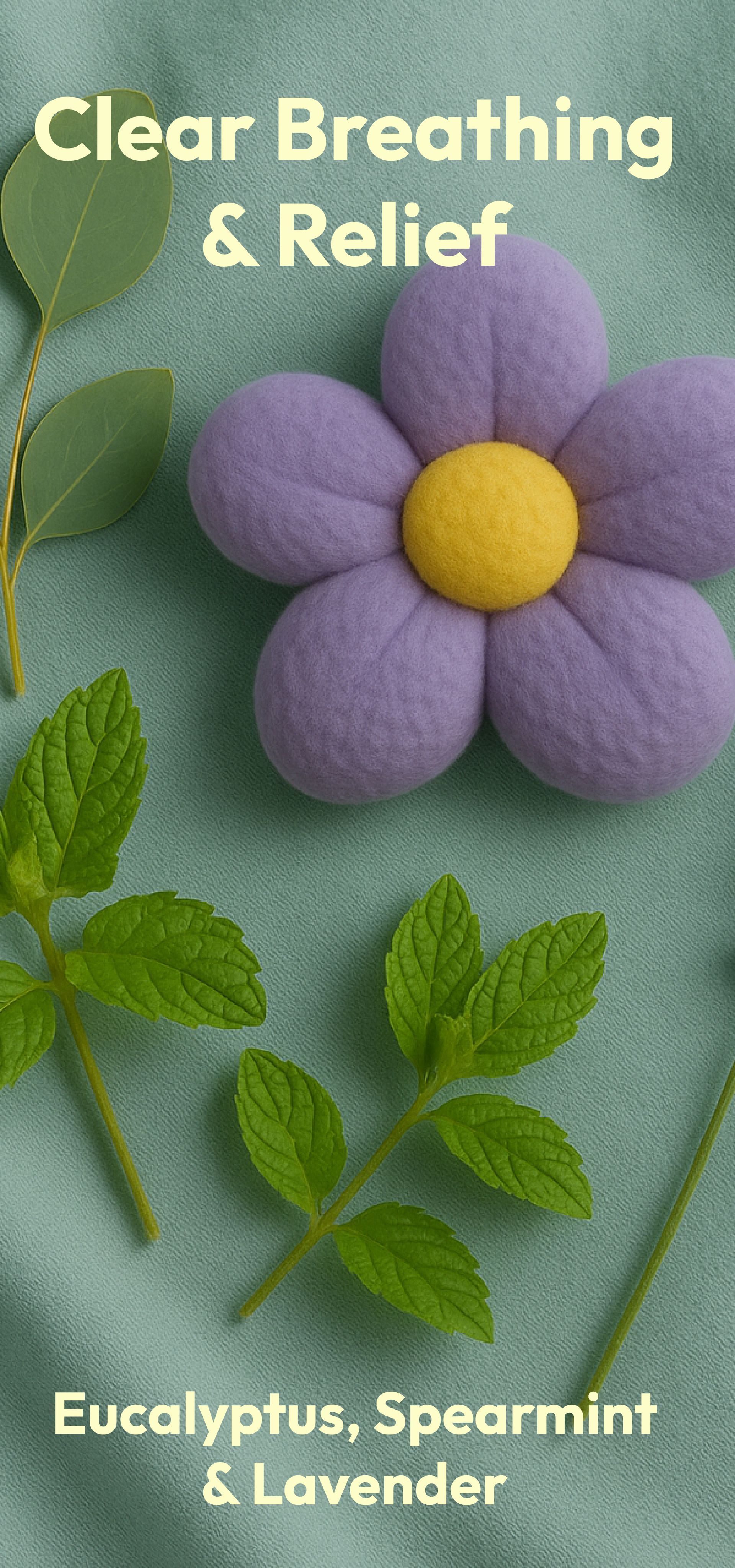 Lavender and eucalyptus flowers with “Clear Breathing & Relief” and “Eucalyptus, Spearmint & Lavender” text