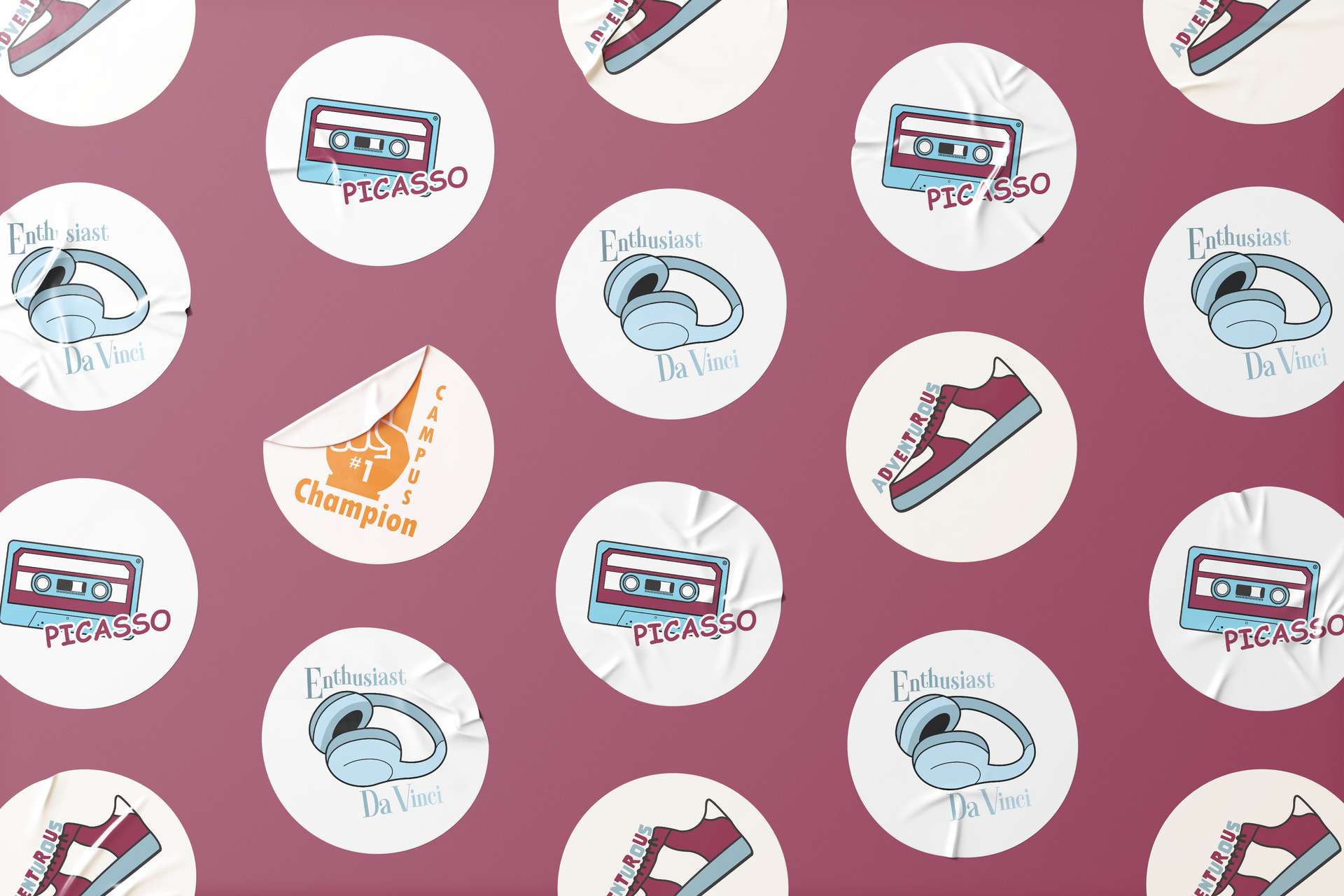Pink background with repeating circular logos and illustrated product icons in white badges
