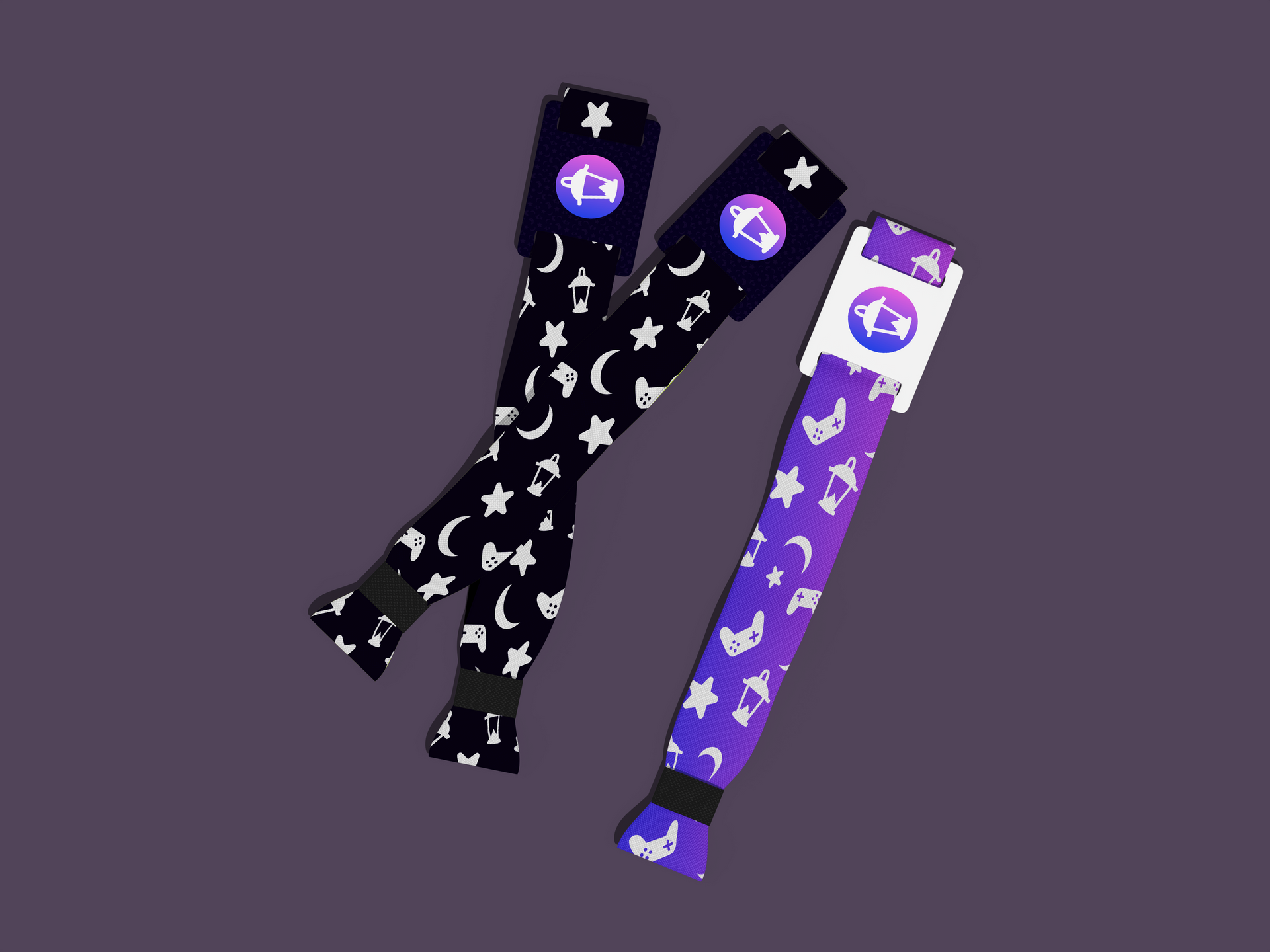 Three star-patterned leg warmers in black and purple, laid side by side