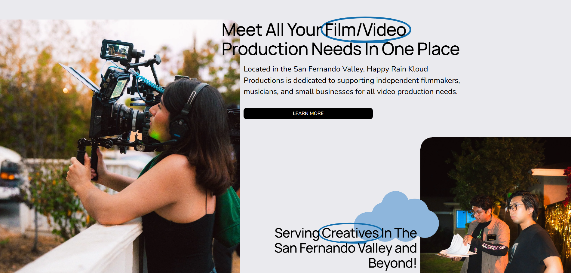 Videographer filming outdoors with “Film/Video Production Needs in One Place” website text and CTA button