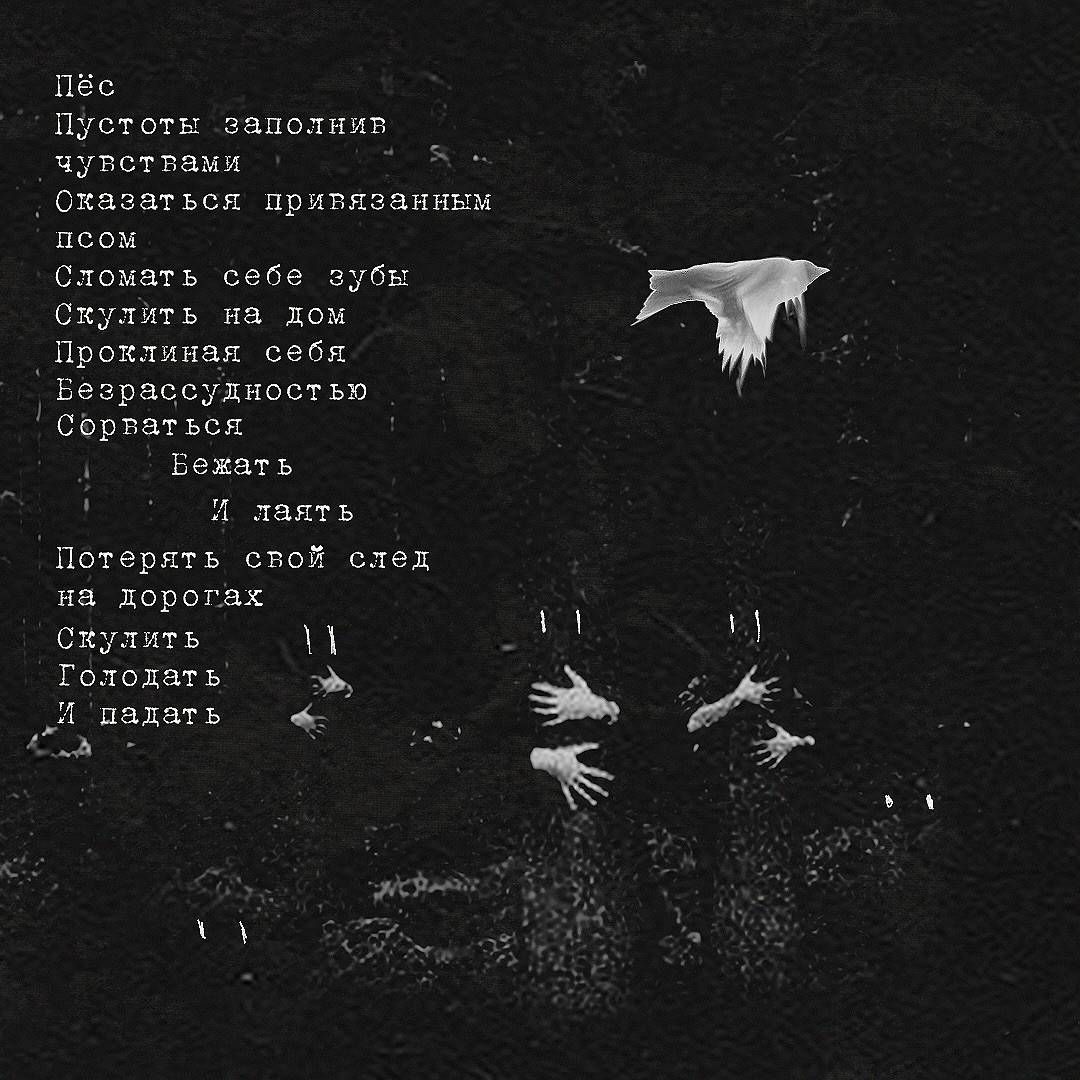 Dark monochrome artwork with Russian text and pale bird, above raised hands on a textured black background