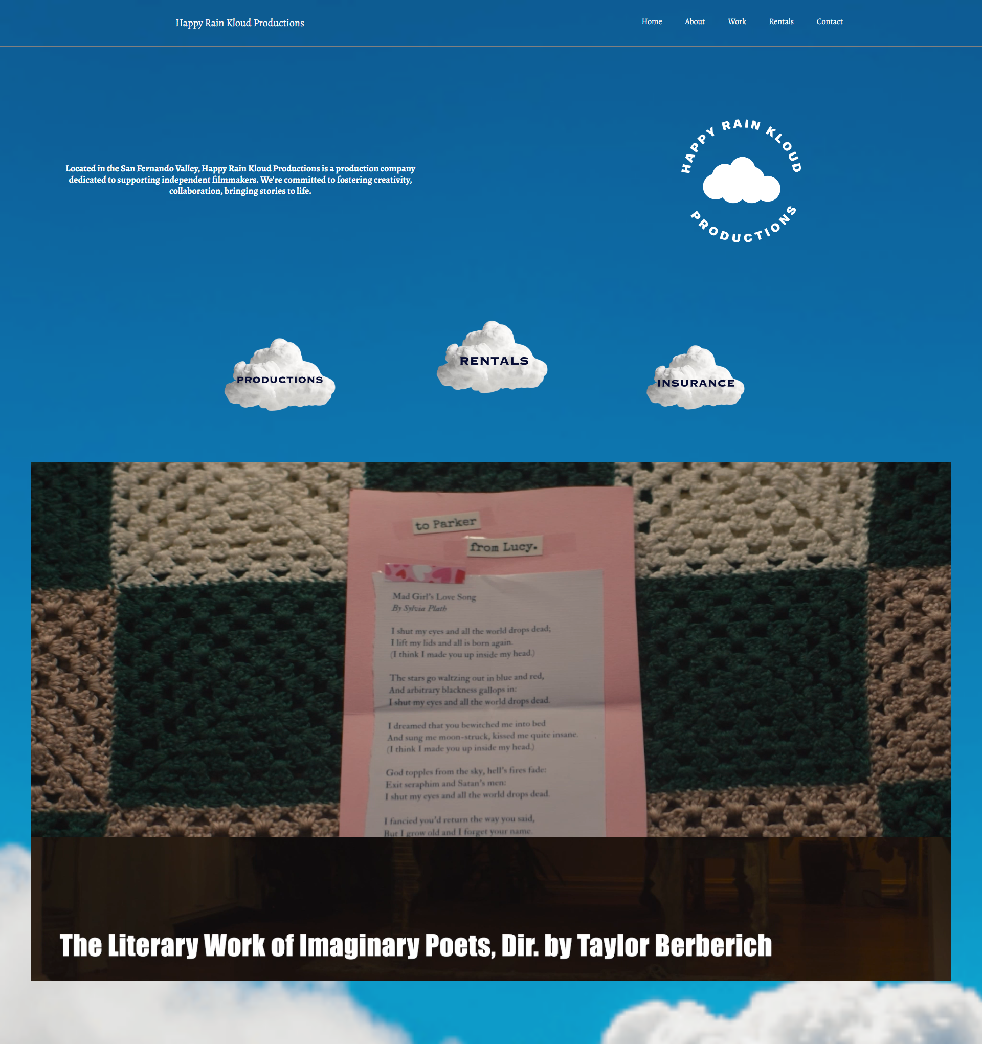 Blue webpage with cloud icons and a central pink poem page on a woven fabric background