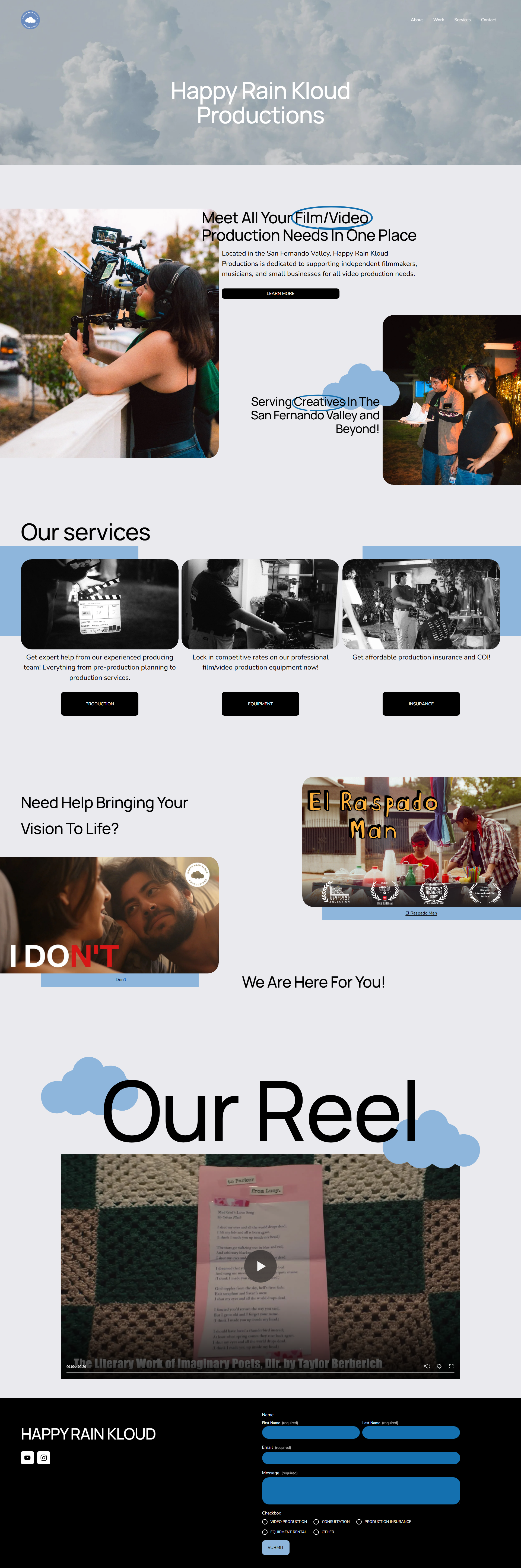 A webpage mockup with a hero banner, service sections, image tiles, and a dark footer, featuring “Our Reel” text.