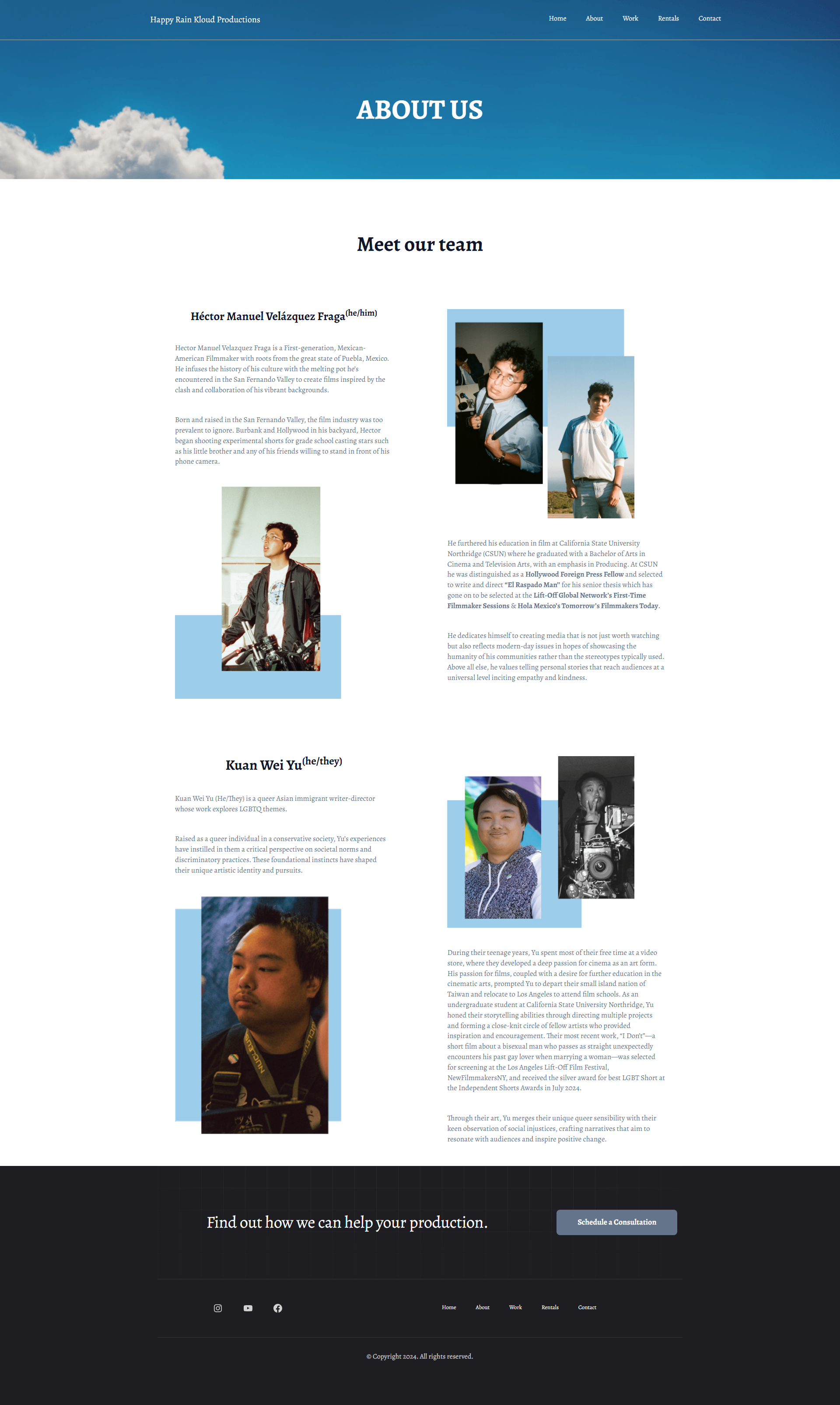 About us webpage with blue header, profile photos, and text sections in a clean white layout