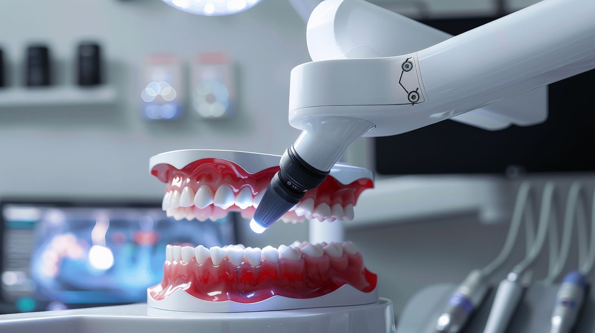 Robotic arm performing dental work on model teeth in a dental office.