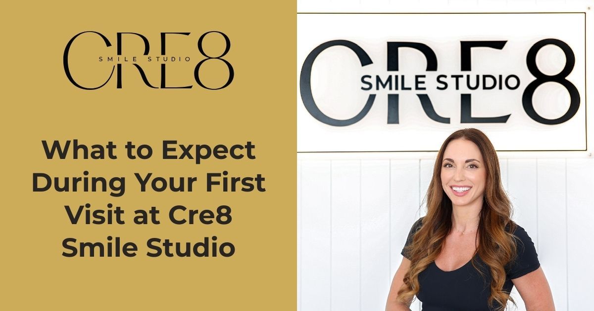 Cre8 Smile Studio: Woman smiles, gold background, text 