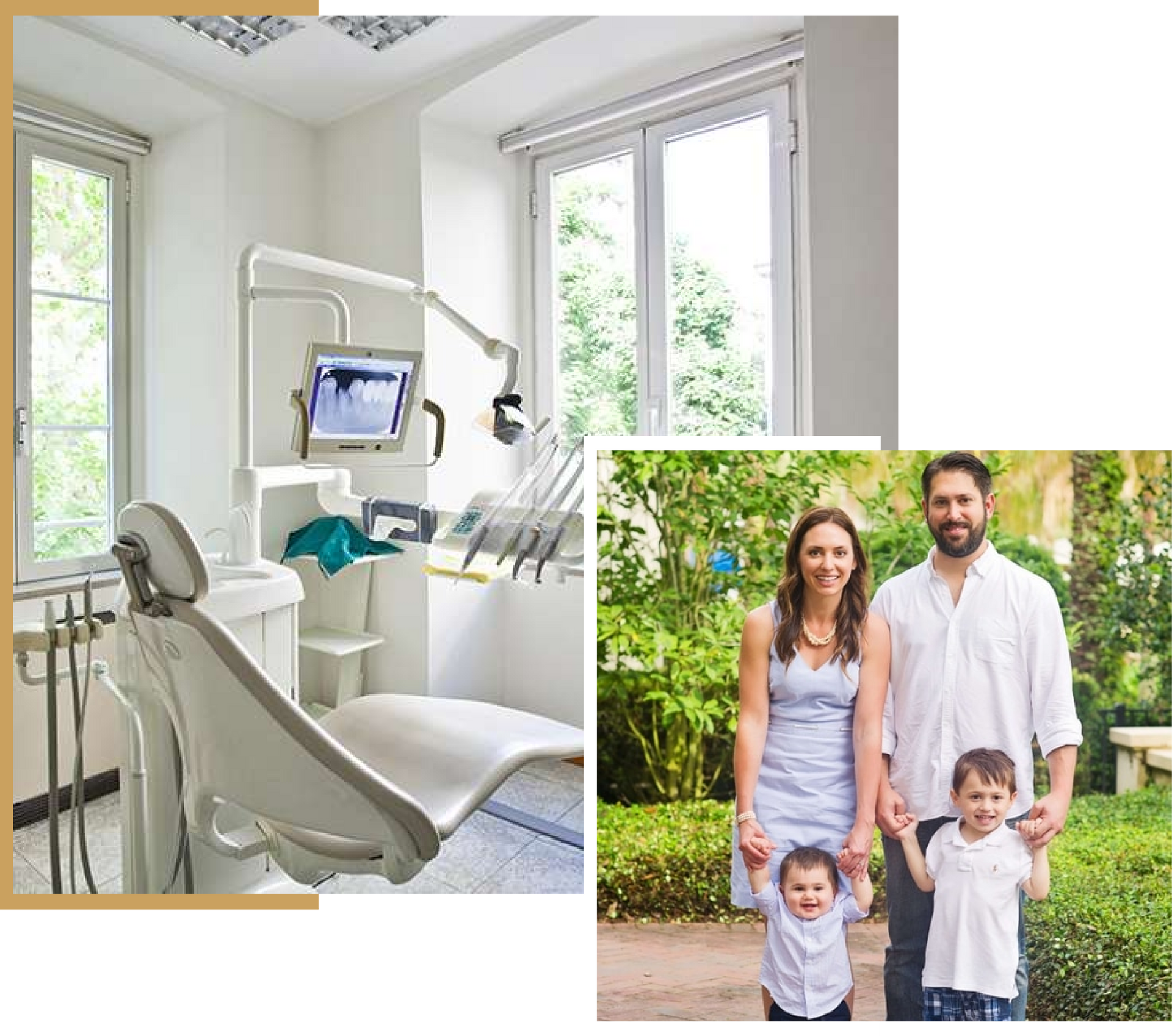 A dental office with a dental chair and a family standing in front of it.