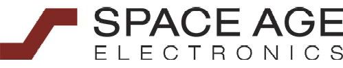 A logo for space age electronic co. with a red arrow