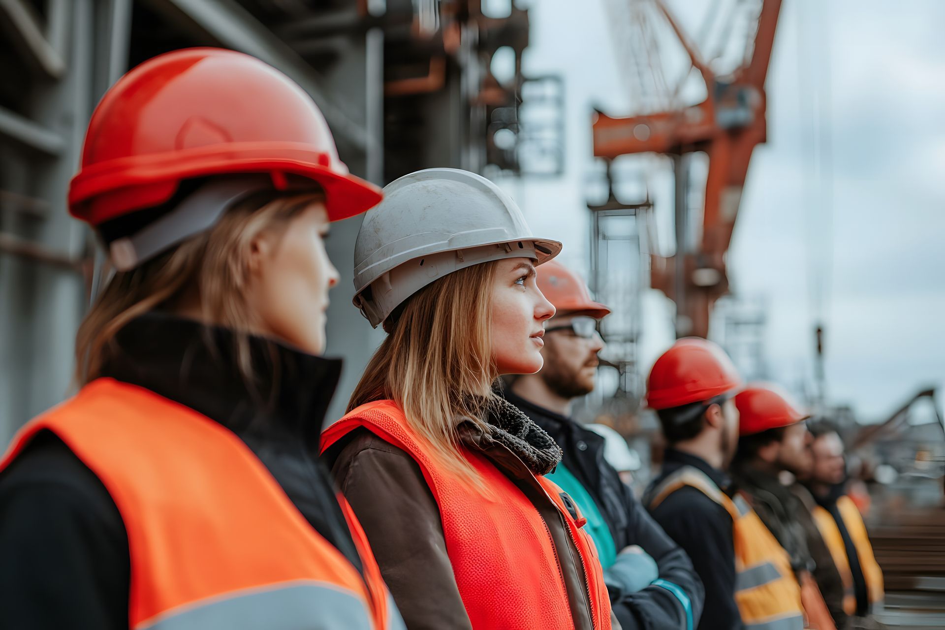 Construction workers wearing hard hats and safety vests stand side-by-side, looking towards the right.