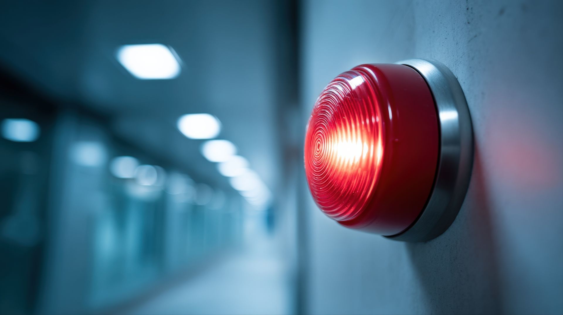 A red fire alarm strobe light flashes on a wall in a dim, blurred hallway.