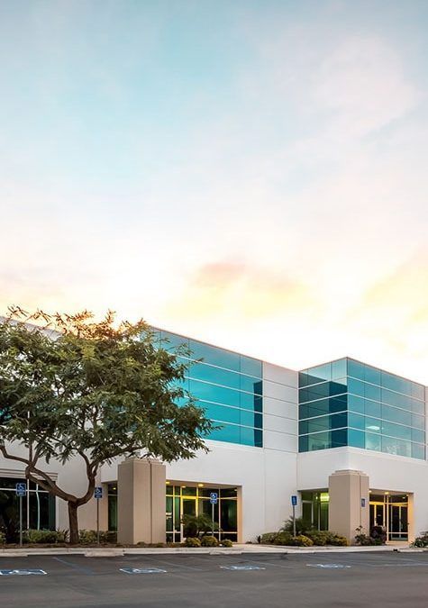 A large white building with a lot of windows and a tree in front of it.