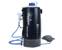 An ironman pressure shower with a blue hose attached to it